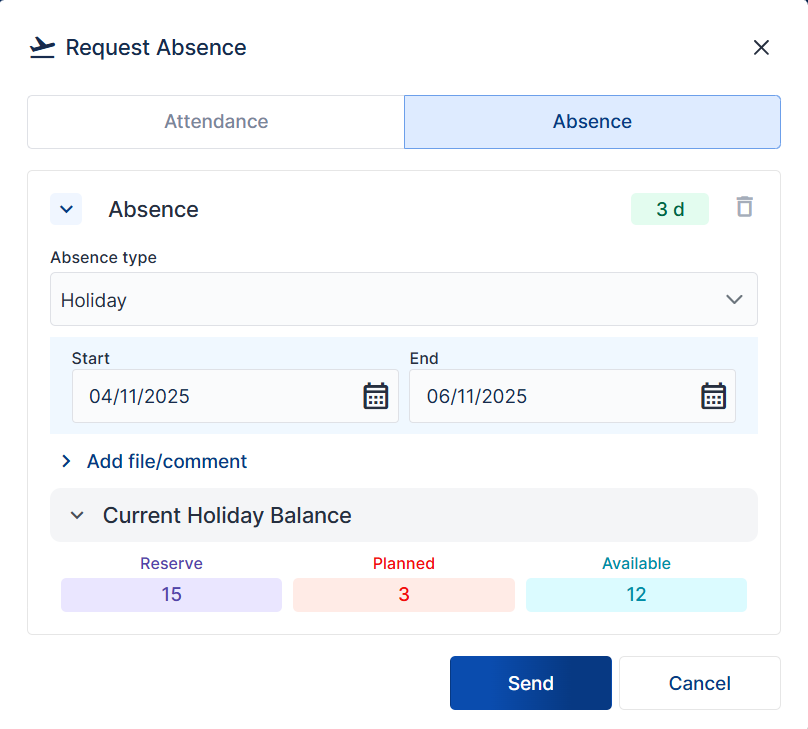 Screenshot des Formulars zur Beantragung von Abwesenheit ('Request Absence') in der Software, das Start- und Enddatum des Urlaubs und den aktuellen Urlaubssaldo anzeigt.