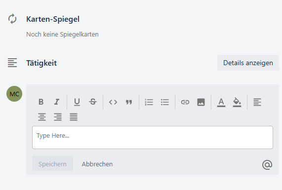 Benutzeroberfläche zur Eingabe von Kommentaren und @-Erwähnungen mit einem Rich-Text-Editor in der KAN-ONE Software.