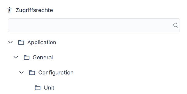 Hierarchische Ansicht zur Konfiguration von Zugriffsrechten bis zur Ebene 'Unit', illustrierend das Prinzip der Effizienzsteigerung durch korrekte Berechtigungsvergabe.